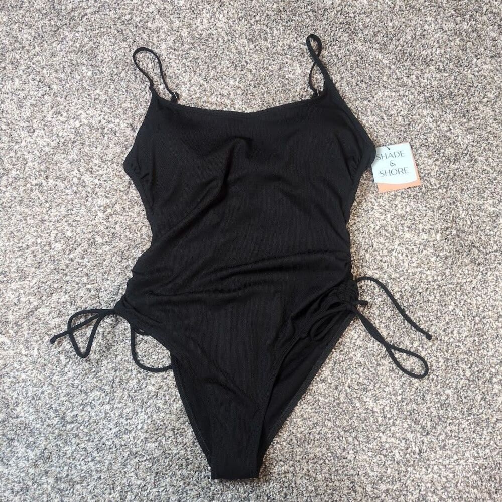 NEW Shade & Shore WOMEN’S M 8-10 ADJUSTABLE SIDE-TIE ONE PIECE SWIMSUIT BLACK